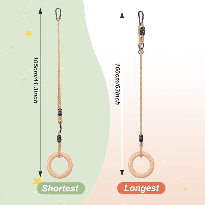 YAERSI Wooden Gymnastics Rings,Pull up Rings with Adjustable Buckle, Wooden Swing Rings for Kid's Home Exercise