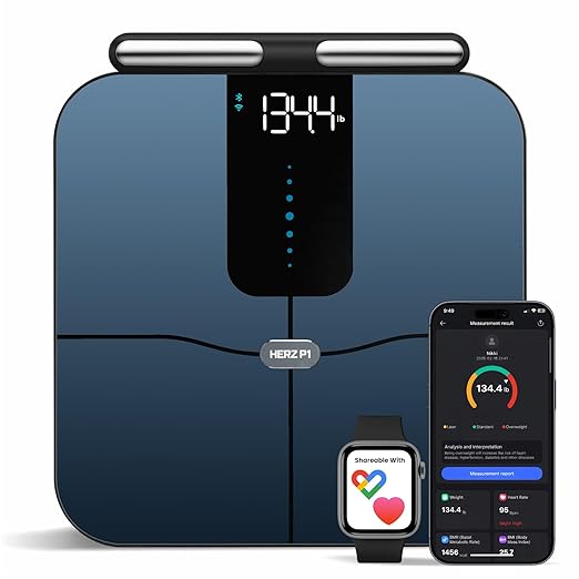 Herz P1 Smart Scale - 8-Electrode Body Composition Scale with Handle | BMI, Body Fat, Muscle Mass, Body Weight Dual-Frequency BIA for Precision Tracking App Tracks 56 Health & Fitness Metrics