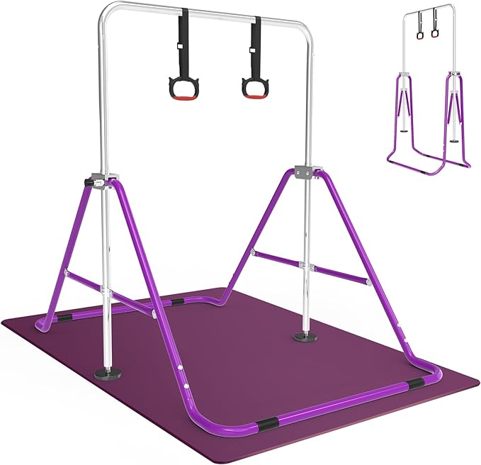 Gymnastics Bar for Kids with Gymnastics Rings, Height Adjustable Gymnastics Horizontal Bar, Foldable Bar Gymnastics Equipment for Home Room Indoor Outdoor Gym Practics, Gymnastic Bar