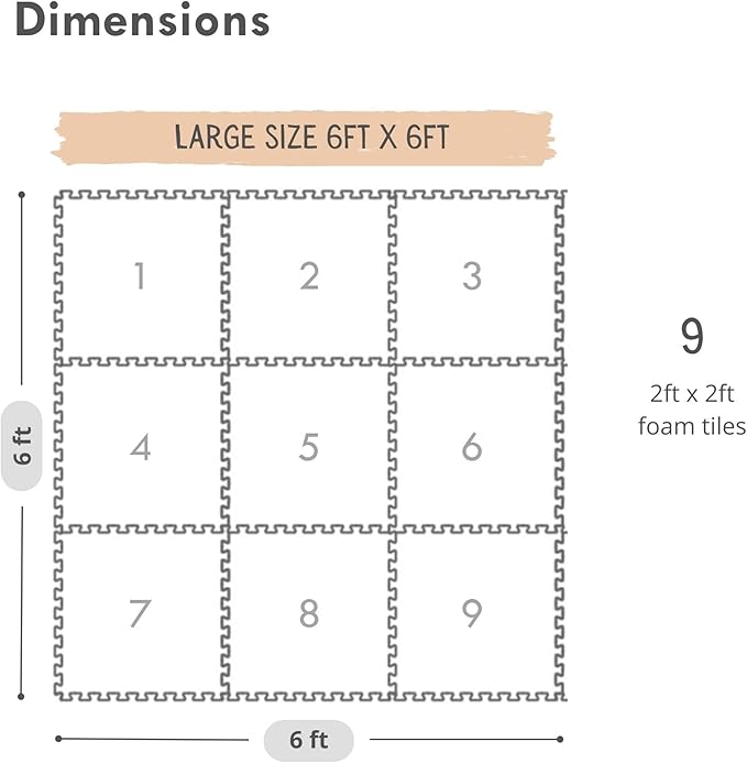 Lillefolk Baby Play Mat for Floor – 6x6ft Beige | Soft Non Toxic Premium EVA Foam Tiles for Tummy Time, Crawling & Playroom – Waterproof for Hard Floors Mat for Babies & Toddlers (9 Tiles)