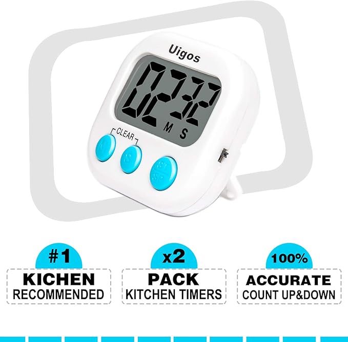 Uigos 2 Pack Digital Kitchen Timer II 2.0, Big Digits, Loud Alarm, Magnetic Backing, Stand, for Cooking Baking Sports Games Office (White) (2 Pack)