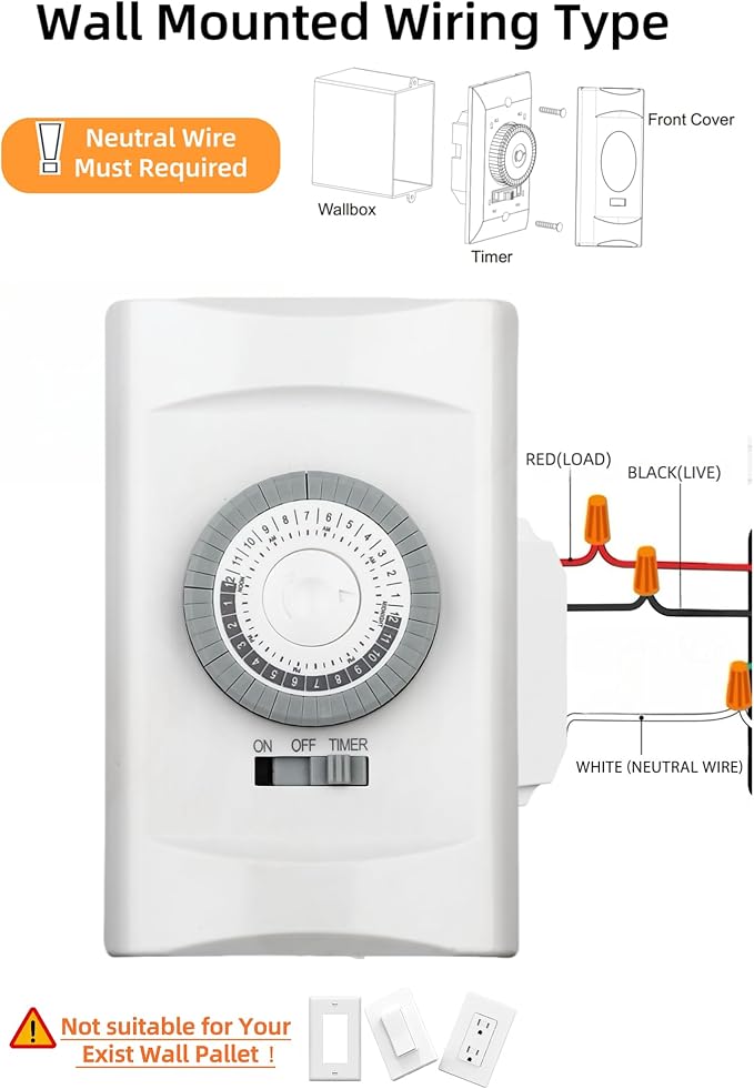 24-Hour in-Wall Mechanical Timer Light Switch,15A 30-Minute Intervals Wall Timer Switches,Light Timers for Lamps Indoor,Neutral Wire Required,Dial Timer for Lights,Fan,ETL Listed