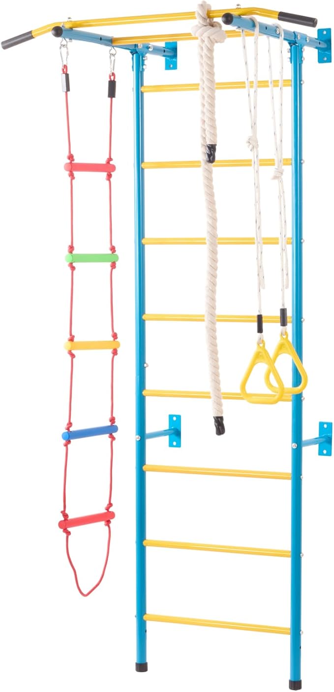 VEVOR Indoor Jungle Gym for Toddlers, 5-in-1 Climbing Playset with Carbon Steel Swedish Ladder, Wall Ladder, Pull-Up Bar, Rope Ladder, and Gymnastic Rings, Supports 220 lbs, Multicolor