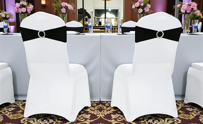 VDS - Black | Spandex Chair Sashes Bows | 200 PCS | Stretch Elastic Banquet Universal Folding Chair Band Tie with Silver Buckle Slider for Wedding Party Conference Celebration Event Decoration