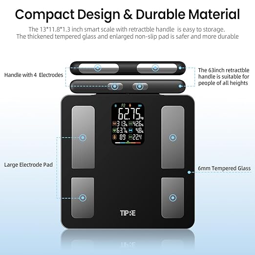 TIPRE Smart Scale for Body Weight 8-Electrode Digital Weight Scale for Body Fat Bathroom Scale with BMI Full Body Composition Analysis with Bluetooth Health Monitor for Weight Loss, 400lb