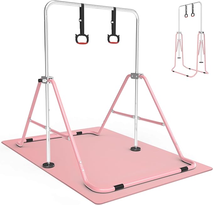 Gymnastics Bar for Kids with Gymnastics Rings, Height Adjustable Gymnastics Horizontal Bar, Foldable Bar Gymnastics Equipment for Home Room Indoor Outdoor Gym Practics, Gymnastic Bar
