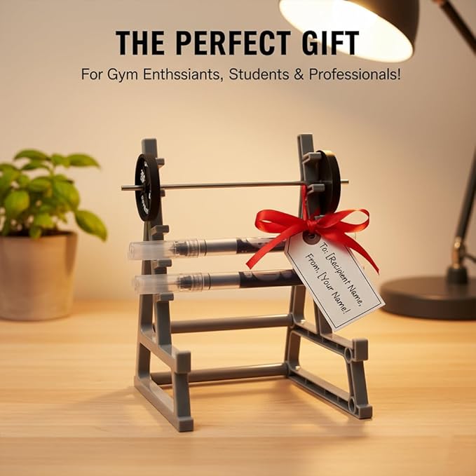 2 Pack Desktop Mini Squat Rack Pen Holder, Gray Metal Gym Equipment Design, Barbell Weight Plate Display Stand, Office Desk Organizer for Fitness Enthusiasts