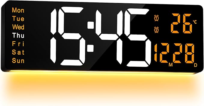 LEIKE 16.2'' Large Digital Wall Clock with Remote Control, Big LED/Dual Alarm/8 RGB Colors/Auto Brightness/Date/Auto DST/Temperature/Night Light Gym Clocks for Living Room Bedroom Office Wall Decor