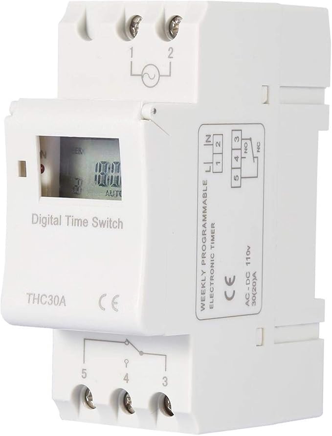 YWBL-WH DIN Rail Digital Timer Switch 30A 110V with Programmable LCD Display, Industrial-Grade Time Relay for HVAC, Lighting & Industrial Automation Control
