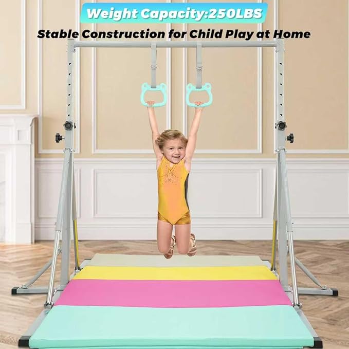 Foldable Gymnastics Bar,5FT Horizontal bar,Adjustable Kids Training bar for Kids Ages 3-15,Kids Gymnastics bar,Triangle Stable Structure-Gym Equipment for Home