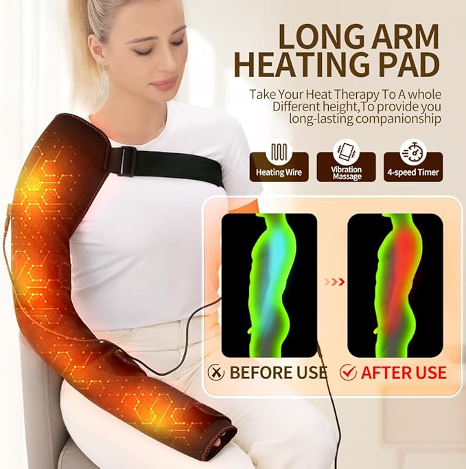 Shoulder Arm Hand Heating Pad for Pain Relief, Ultra Long Heated Wrist Wrap Heated Elbow Brace Hand Warmer for Tendonitis, Arthritis, Sports Injury Recovery, 3 Temperature Settings & Timer