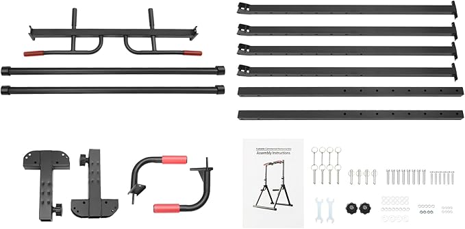 Power Tower Pull Up Dip Station, Foldable Pull Up Bar Rack Dip Station 5.74-7.55ft Height Adjustable Home Strength Training Fitness Workout Equipment, Up to 440lbs (With double bars)