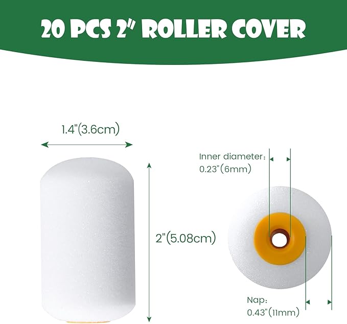 VOOMEY 2 Inch Mini Paint Roller Covers, 20-Pack, High Density Sponge Rollers, Reusable Small Paint Roller Kit for Trim, Corners & Smooth Surfaces