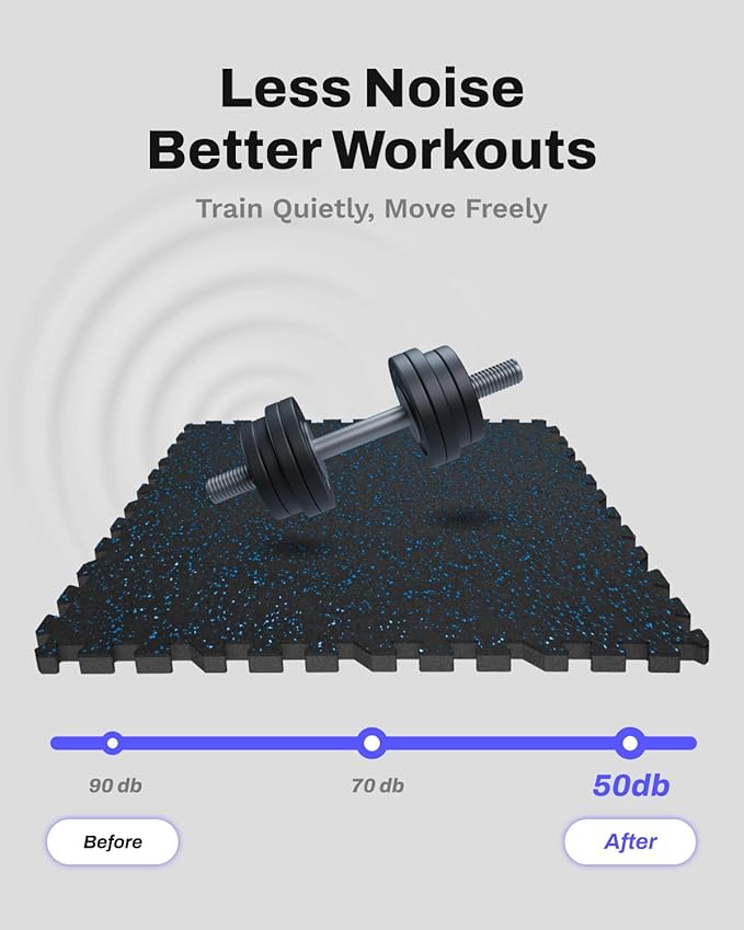 AIRHOP 0.79in Thick 48 Sq Ft Exercise Equipment Mats, 12 Tiles Upgraded Rubber Top with High Density EVA Foam, Large Interlocking Puzzle Gym Flooring for Home Gym, Heavy Weight Workout,Black & Blue