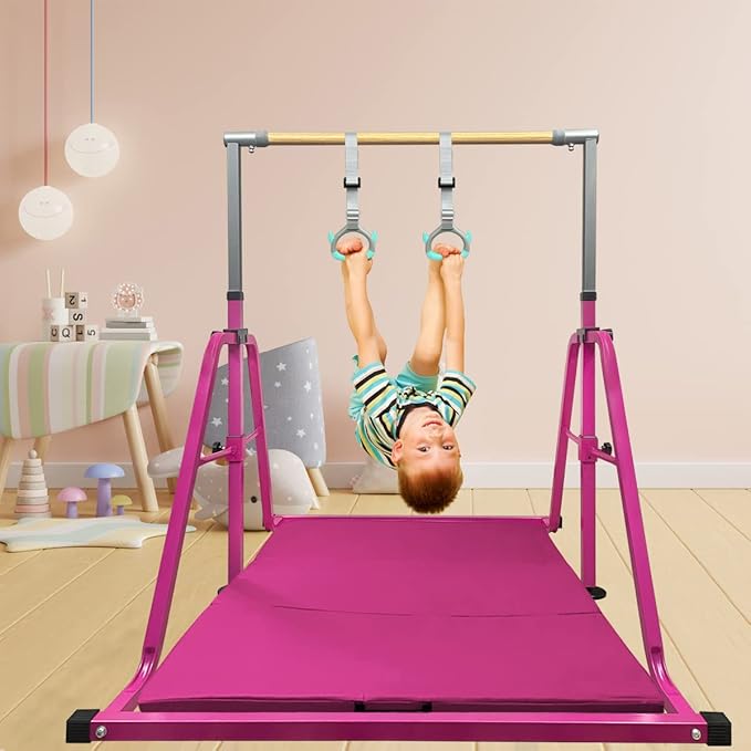 GLANT Gymnastics Bar for Kids with Rings Set, 7 Heights Adjustable Easy Folding Gymnastic Training Bar Kids Monkey Horizontal Bars - Max Load 300LBS