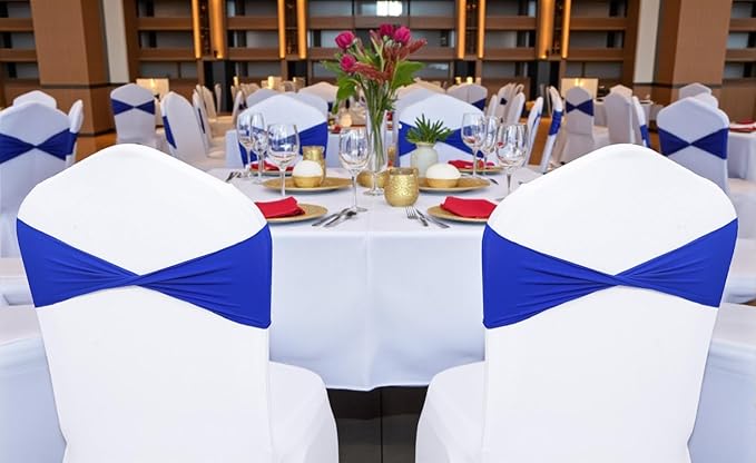 MDS Pack of 10 Spandex Chair Sashes Bows Elastic Stretch Dining Chair Bands Ties Without Slider Buckle Universal fits for Wedding Baby Shower Birthday Party Banquet Event Decoration - Royal Blue