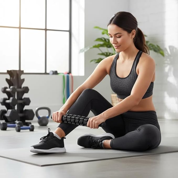 6 in 1 Foam Roller Set Includes Hollow Core Massage Roller, Yoga Stick, Massage Ball, Fitness Stretching Strap, Carrying Bag, Towel, Massage Roller (Black)
