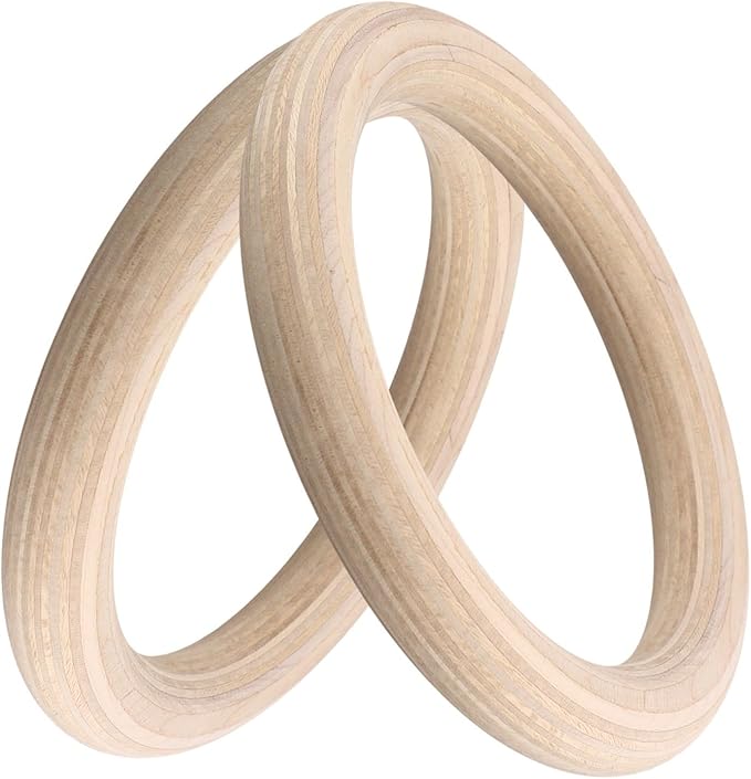 2PCS Gymnastics Rings Birch Wood Gym Rings with Adjustable Straps for Home Gym Training, Workout, Calisthenics, Pull Up, Non-Slip Sweat-Absorbent Exercise (25mm 19cm)