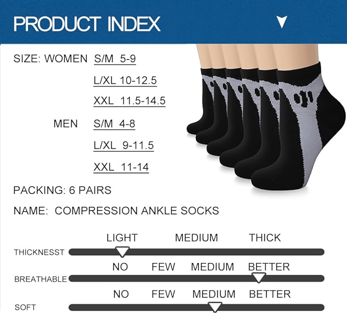 Copper Compression Socks Women and Men 6 Pairs - Circulation Arch Support Plantar Fasciitis Running Ankle Socks