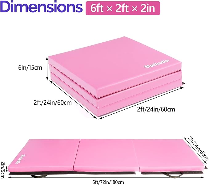 Matladin 6' Folding Tri-fold Gymnastics Gym Exercise Aerobics Mat, 6ft x 2ft x 2in PU Leather Tumbling Mats with Hook & Loop Fastener for Stretching Yoga Cheerleading Martial Arts