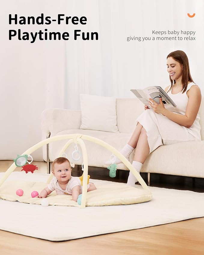 ANGELBLISS Baby Play Gym Mat, Reversible Tummy Time Mat with 6 Sensory Toys for Stage-Based Developmental, Thick & Large Baby Activity Center from Newborn to Toddler (Beige)