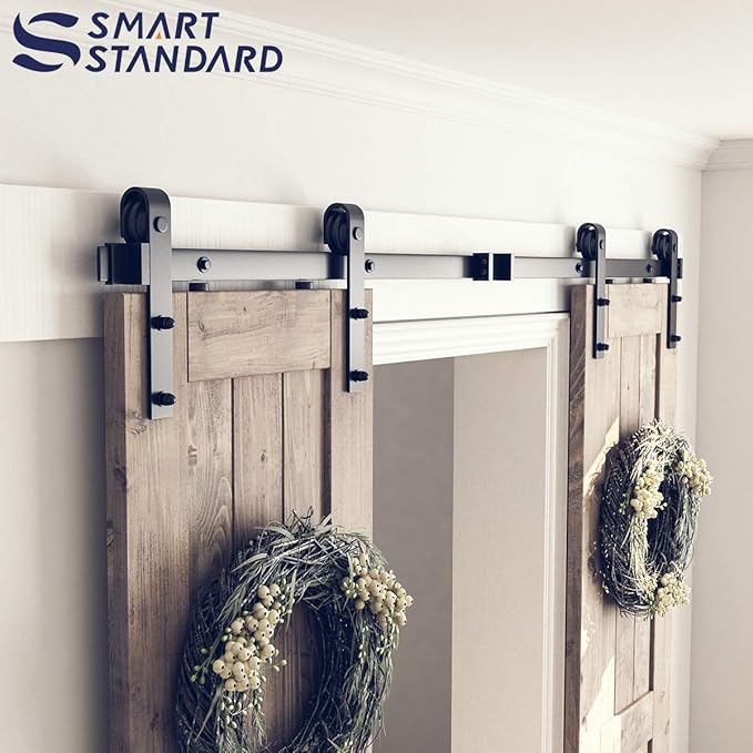 SMARTSTANDARD 6.6 FT Double Barn Door Hardware Kit, Sliding Door Track-Smoothly and Quietly -Includes Detailed Installation Fit 20" Wide Doorpanel (J Shape Hanger) Black