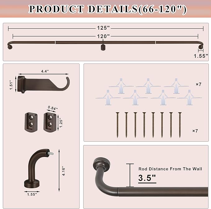 Dark Bronze Curtain Rods for Windows 66 to 120",1 Inch Disc Wrap Around Curtain Rod with Aluminum Finials and Brackets,No Screw Disassembly Adjustable Blackout Curved Room Darkening Curtain Rod