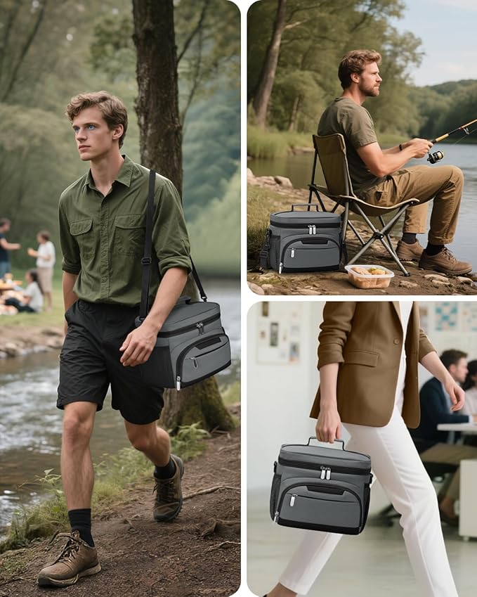 Lunch Boxs for Women/Men Insulated Lunch Bag,Leakproof Lunchbox with Adjustable Shoulder Strap for Adults,Soft Cooler Tote Bag for Office Fitness Picnic Beach Travel - Grey 12-Can(8L)