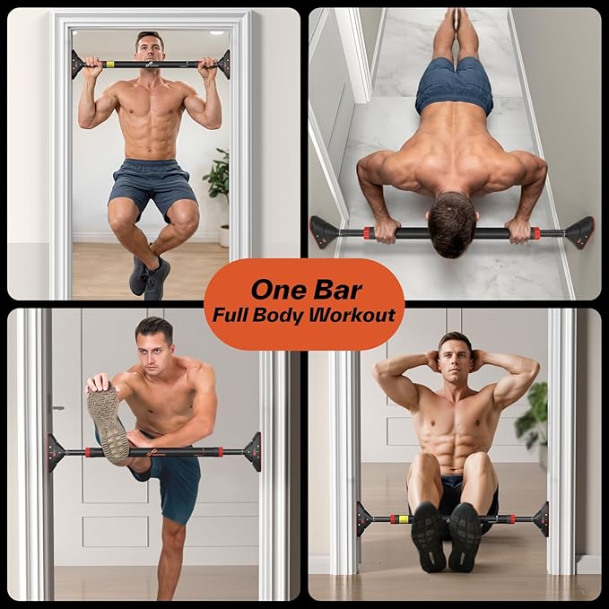 Pull Up Bar for Doorway: Sportneer Strength Training Pull-up Bars without Screw - Adjustable Width Locking Mechanism Chin Up Bar, Thickened Steel Max Limit 440 lbs Upper Body Fitness Pullup Bars for Home (Black-Red)