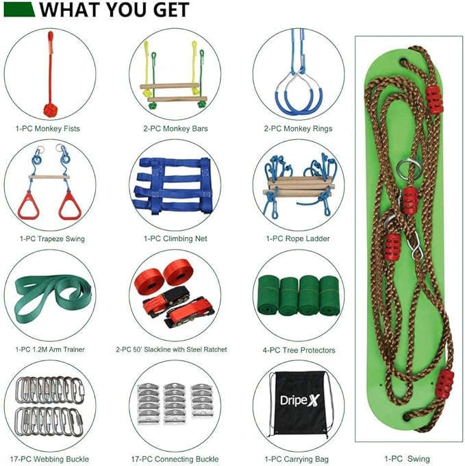 Ninja Warrior Obstacle Course for Kids Backyard - 2ร50ft Slackline Kit with 10 Most Complete Accessories for Boys & Girls, Swing, Rope Ladder, Gymnastic Ring, Climbing Net, Arm Trainer and Monkey Fist