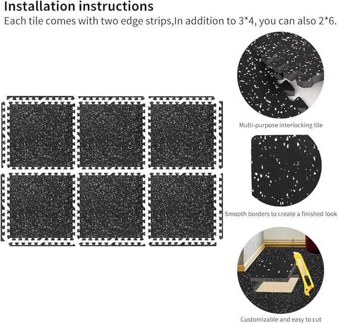 0.8in Thick 24 Sq Ft Gym Flooring for Home Gym, 6 Tiles Workout Exercise Equipment Mats, Rubber Top with EVA Foam, Interlocking Puzzle Floor Tiles for Fitness Room, Protective Flooring Mat