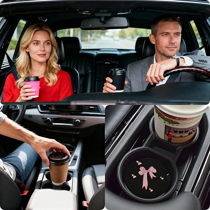 Car Cup Holder Coasters, 2 Pcs Ceramic Coasters with Finger Slot and Cork Back, Anti-Slip Shock Absorbing Women and Men Universal Car Accessories - Heart Bowknot