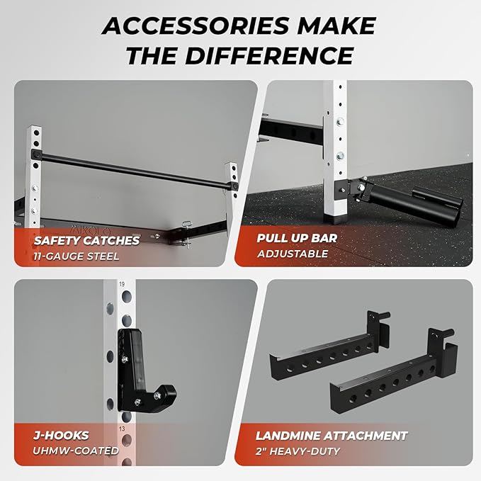 Mikolo 2" x 2" Folding Wall Mounted Squat Rack, 1000 Pounds Capacity Power Rack with Pull Up Bar, J Hooks and Other Attachments, Space-Saving Home Gym