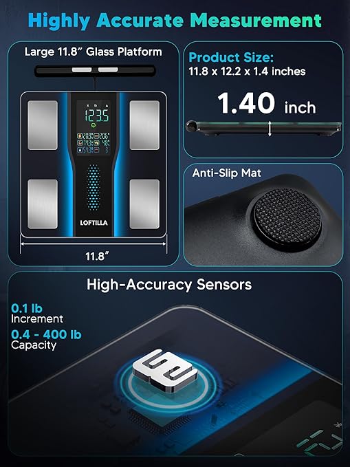 LOFTILLA Smart Scale for Body Weight, 8-Electrode Bluetooth Bathroom Scale with BMI Body Fat Muscle Mass, 50+ Full Body Composition Metrics, High Accurate Scales with 5.4" Large LED Display Black