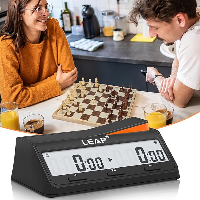 LEAP Chess Clock Digital Chess Timer Advanced for Board Game and Chess Timer with Bonus & Delay Count Down up Alarm Black/Orange