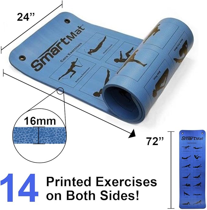 Prism Fitness 16mm Thick Smart Self-Guided Stretching and Exercise Mat for Yoga, Pilates, and Stretching, Blue