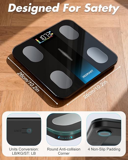 Smart Scale for Body Weight, INSMART Bluetooth Digital Bathroom Scale with BMI, Body Fat, Muscle Mass, High Accurate Large Display 16 Body Composition Weighing Machine Sync with App, 400 lbs (Black)