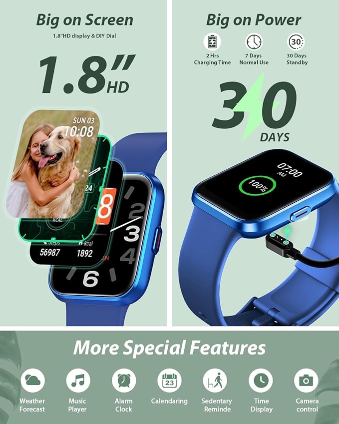 Smart Watch for Women Android & iPhone, Alexa Built-in, 1.8" Touch Screen Fitness Tracker with Answer/Make Calls, IP68 Waterproof Heart Rate/Sleep/SpO2 Monitor, Pedometer, 100+ Sport Modes, Dark Blue