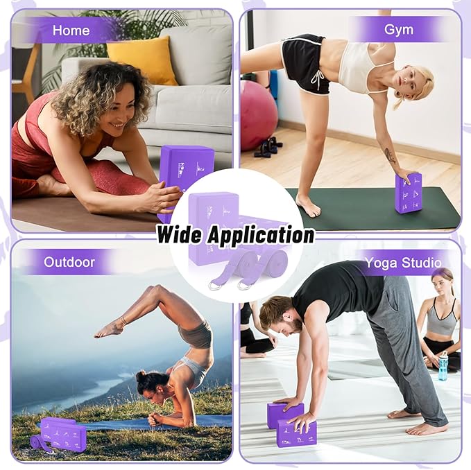 RETON 2 Pack Yoga Blocks and 2 Yoga Straps Set, Soft Non-Slip Yoga Block for Pilates, High Density EVA Foam Yoga Brick with Yoga Strap for General Fitness, Stretching, Improve Strength and Flexibility