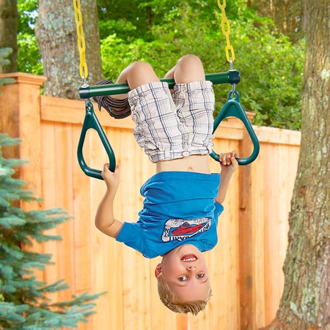 LadyRosian Gym Rings Trapeze Swing Bar 17", Heavy Duty 47" Chain Swing Set Accessories with Locking Carabiners, Monkey Bars for Backyard, Playground, Playroom