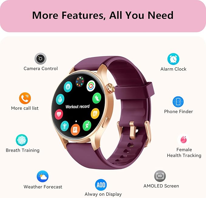 Smart Watch for Women, Answer/Makr Call, 1.32'' AMOLED Ultra-Clear Screen Fitness Trackers with Heart Rate/Sleep/SpO2 Monitor, Smartwatch for iPhone/Samsung/Android, 110+ Sport Modes, 3ATM Waterproof