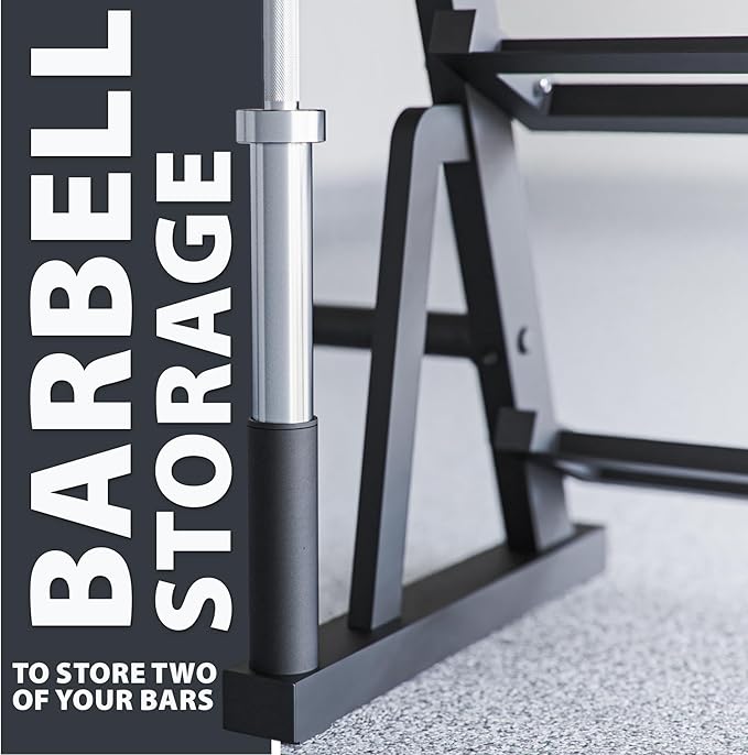 Synergee 3-Tier Dumbbell Storage Rack with 2 Barbell Holders and 4 Weight Plate Pegs, Featuring 2-Tier Dumbbell Storage and 3rd Tier for Kettlebell Storage – Accommodates 1" and 2" Plates – All-in-One