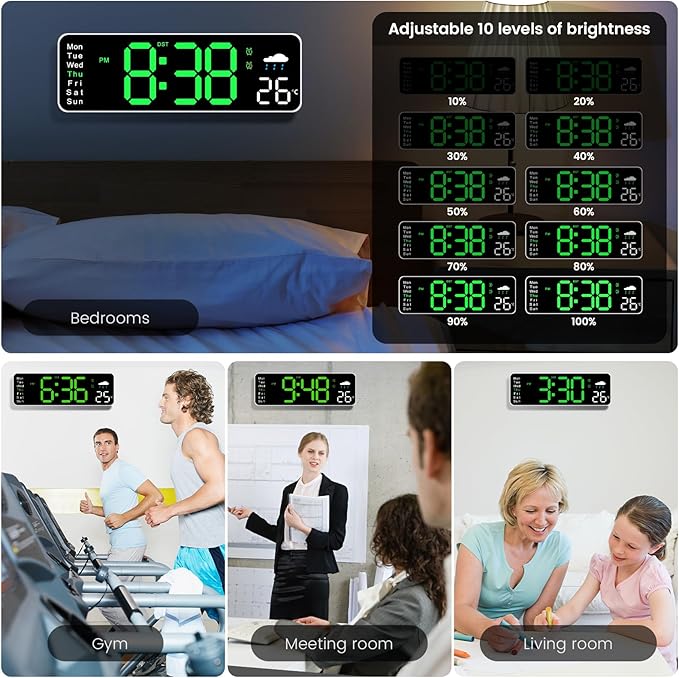 Digital Wall Clock, 12" Digital Clock with Temperature, Humidity, Weatherforecast, Day of the Week, Timer, Auto-dimming, for Living Room/Classroom/Gym/Church/Shop/Garage,Green