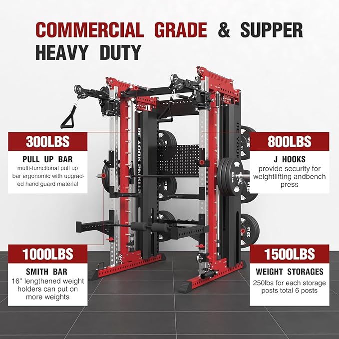 Commercial Smithe Machine with Dual Weight Stacks, Power Cage Squat Rack with Lever Arm & Leg Press Attachment, Multi-Function Linear Bearing Cable Crossover Machine for Home Gym