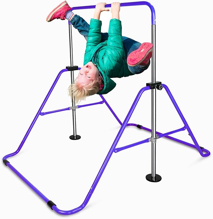 Anwick Gymnastics Bar for Kids - Height Adjustable Horizontal Monkey Bars with Rings, Folding Training Equipment for Indoor Outdoor Home Gym, Kids Exercise Pull Up Bar