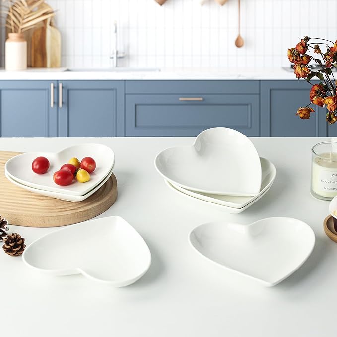10 Pack Ceramic Appetizer & Dessert Plates, 7.5 Inch White Heart Shape Plates for Elegant Dessert Display, Lightweight Small Lunch Plate, Oven, Dishwasher & Microwave Safe