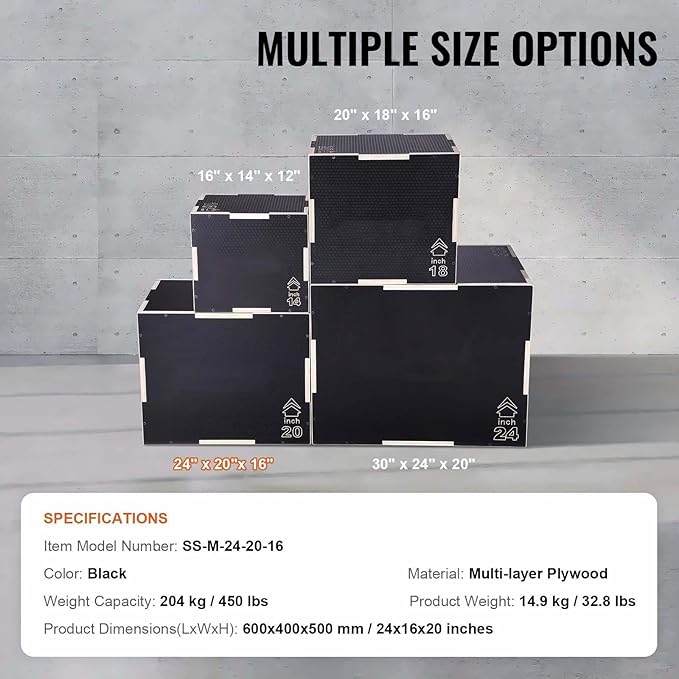 Plyometric Jump Box, 24/20/16 Inch Wooden Plyo Box - 3-in-1 Fitness Step Platform for Strength Training, Agility, Home Gym, Black