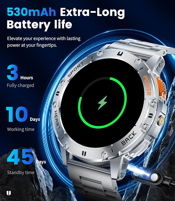 LIGE 1.43" AMOLED Smart Watch for Men with Flashlight, Bluetooth Calling, 100+ Sport Modes, 530mAh, IP68 Waterproof Fitness Tracker for Workout, iOS Android Compatible, Silver Steel