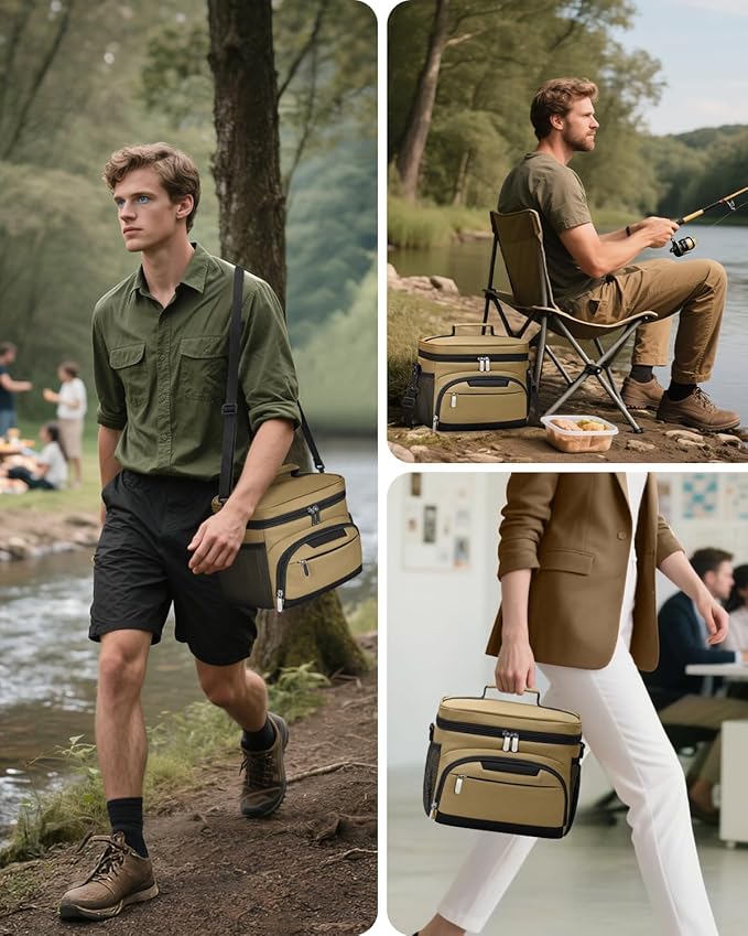 Lunch Boxs for Women/Men Insulated Lunch Bag,Leakproof Lunchbox with Adjustable Shoulder Strap for Adults,Soft Cooler Tote Bag for Office Fitness Picnic Beach Travel - Khaki 12-Can(8L)