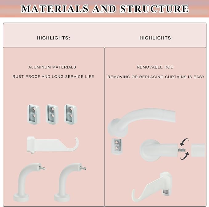 Matte White Curtain Rods for Windows 66 to 120",1 Inch Disc Wrap Around Curtain Rod with Aluminum Finials and Brackets,No Screw Disassembly Adjustable Blackout Curved Room Darkening Curtain Rod